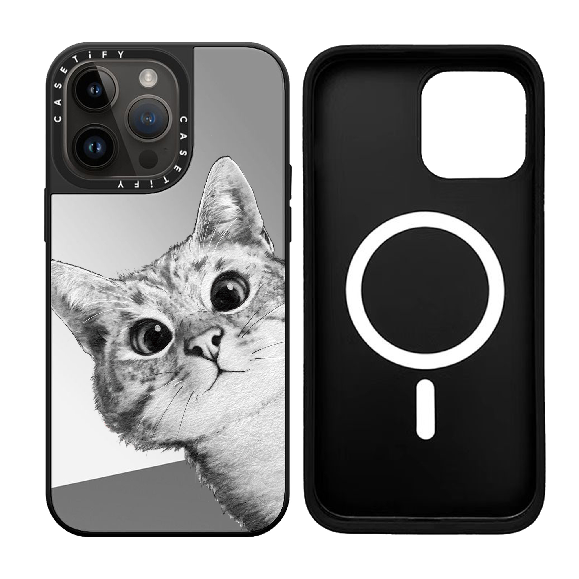 CASETi隐藏式磁吸镜面可爱探头猫13Pro max适用于iPhone14ProMax学霸猫苹果12Pro个性手机壳14防摔保护12硬壳