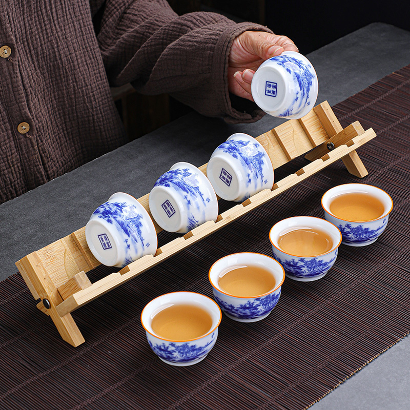 青花瓷山水画茶杯 8只套装带杯架茶具陶瓷茶碗白瓷品茗杯家用待客