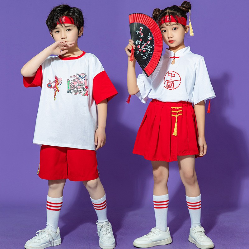 六一儿童开幕式演出服时髦爱国套装红色中国风嘻哈街舞男童
