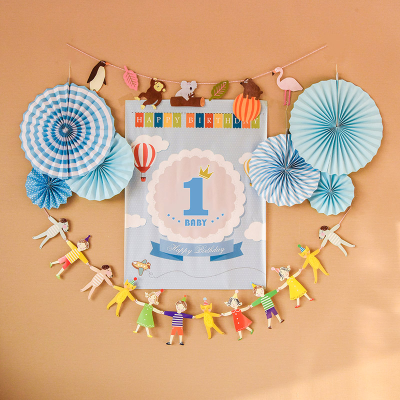 宝宝生日派对卡通图案海报装饰儿童周岁背景墙布置创意纸花扇套餐