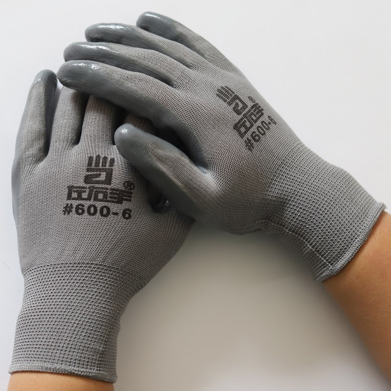 左右手#600-6灰纱灰胶十三针尼龙丁腈耐磨耐用劳保浸胶防护手套