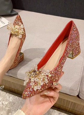 红色婚鞋女婚纱秀禾两穿新娘鞋2024年新款法式水晶高跟鞋粗跟单鞋