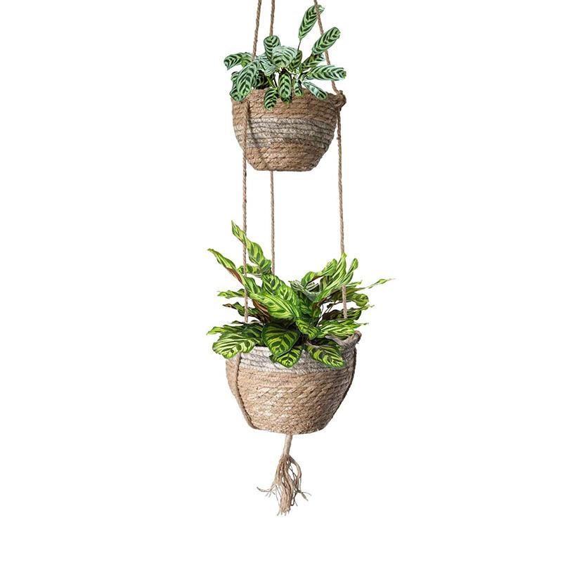 户外悬挂花盆，天然海草篮，室内植物花盆,灰色米色花篮吊篮编织