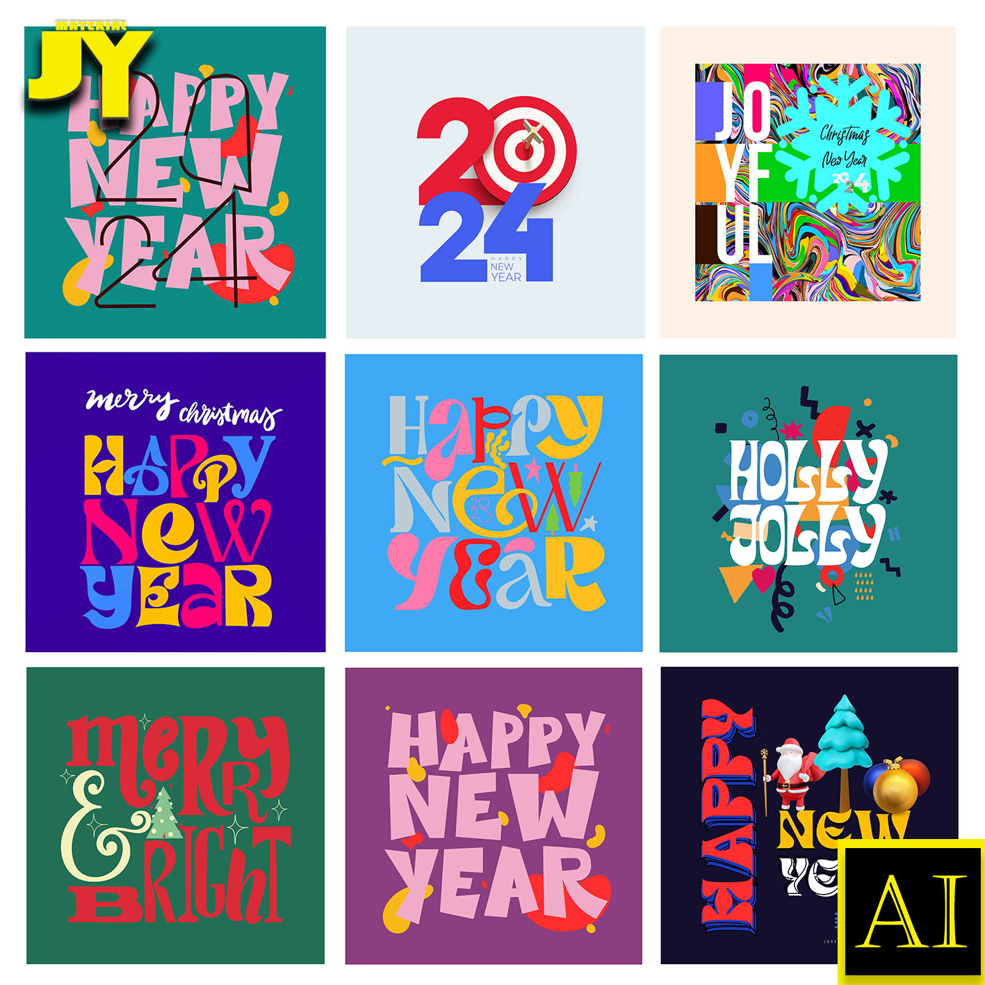新年快乐创意英文字母2024艺术字体设计插画海报元素AI矢量图素材