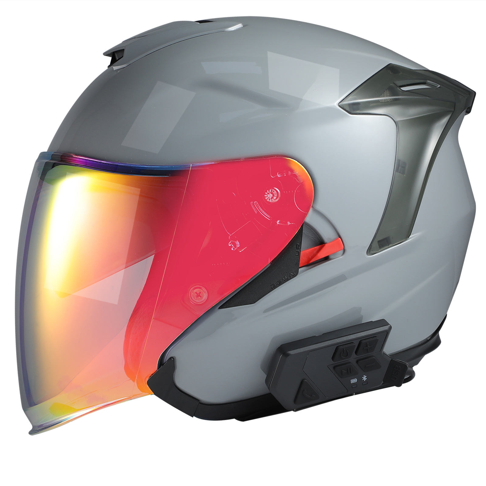高档摩托车头盔3c认证半盔带蓝牙耳机四季骑行机车双镜片四分之三