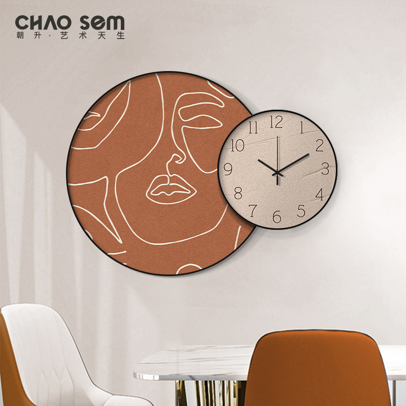 北欧艺术带时钟客厅装饰画抽象线条餐桌搭配挂画餐厅饭厅圆形大气