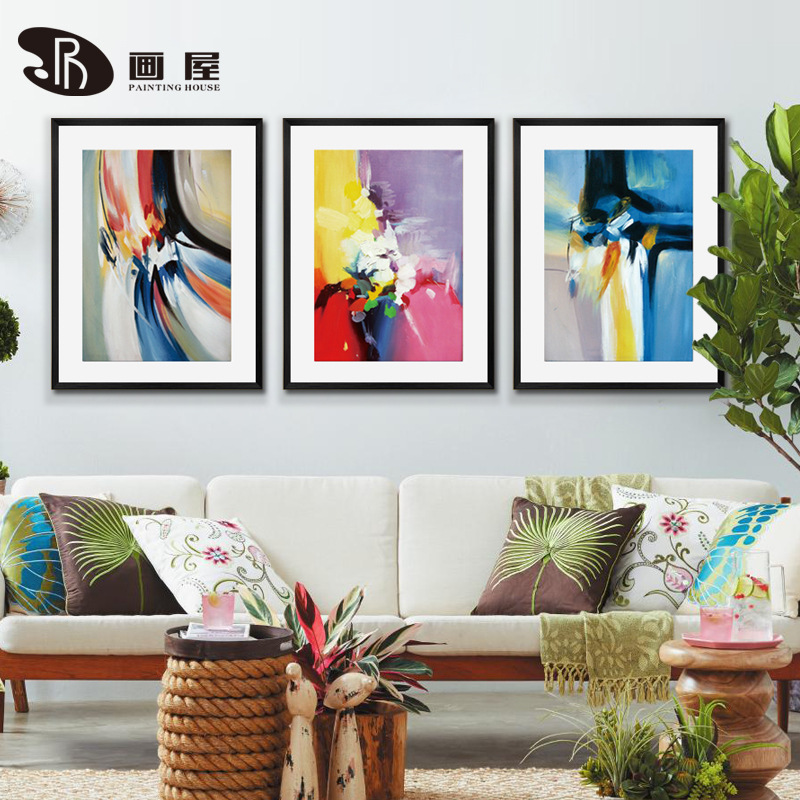 客厅抽象画沙发背景墙装饰画现代简约手绘立体三联挂画餐厅油画