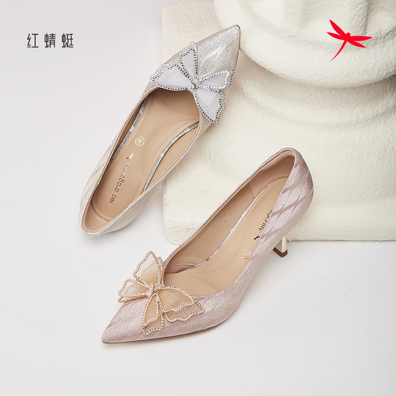 红蜻蜓春季女士皮鞋BC57005021尖头婚鞋高跟蝴蝶结BC57005022薄纱