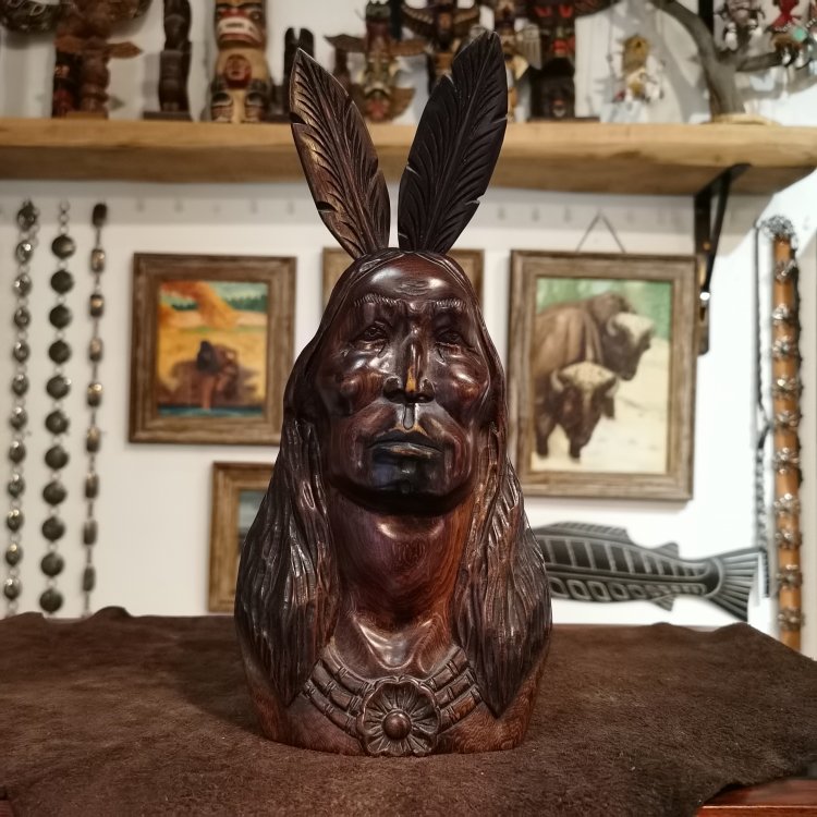 美国印第安霍部落原住民手工雕刻大酋长头像复古装饰摆件实木雕