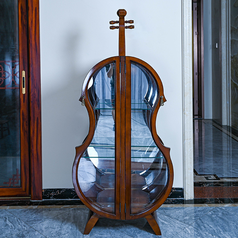 小提琴酒柜实木雕花玻璃双门客厅展示柜家用欧式美式轻奢摆件T2