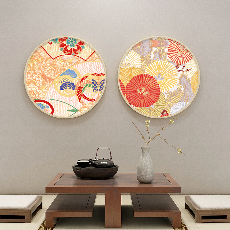 日式风格花纹挂画圆形餐厅玄关装饰画日本和风饭厅日料店墙壁画