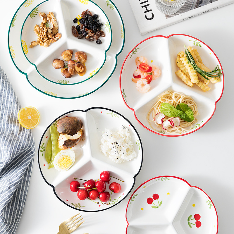 创意网红陶瓷早餐三格儿童分隔餐盘子减肥脂定量饭菜水果拼盘家用