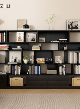 北欧黑色阅读书架落地一体靠墙整面墙书柜子客厅书房杂志架置物架