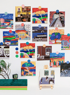 送贴纸 9张方形ins油画人物风景系列装饰小卡片现代墙面装饰墙贴