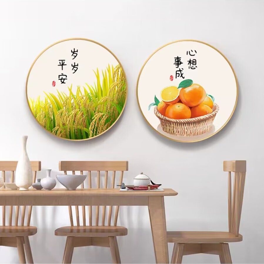 新中式餐厅装饰画客厅禅意背景墙画圆形饭厅壁画玄关民宿茶室挂画