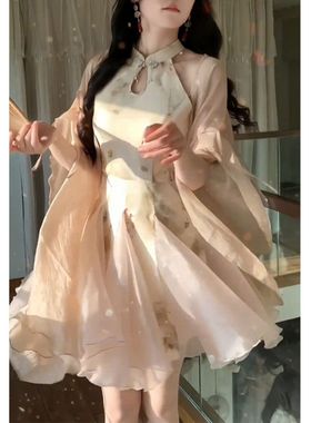 新中式印花旗袍立领连衣裙女夏季搭配一整套防晒衫外套国风短裙子