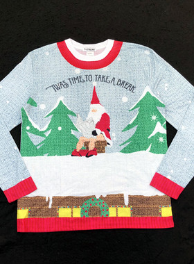 圣诞节创意搞笑趣味3D仿真毛衣提花醉酒圣诞老人拉屎潮流圆领T恤