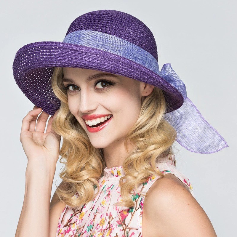 洋气好看的帽子紫色草帽女款夏天遮阳太阳帽海边防晒大沿帽子礼帽