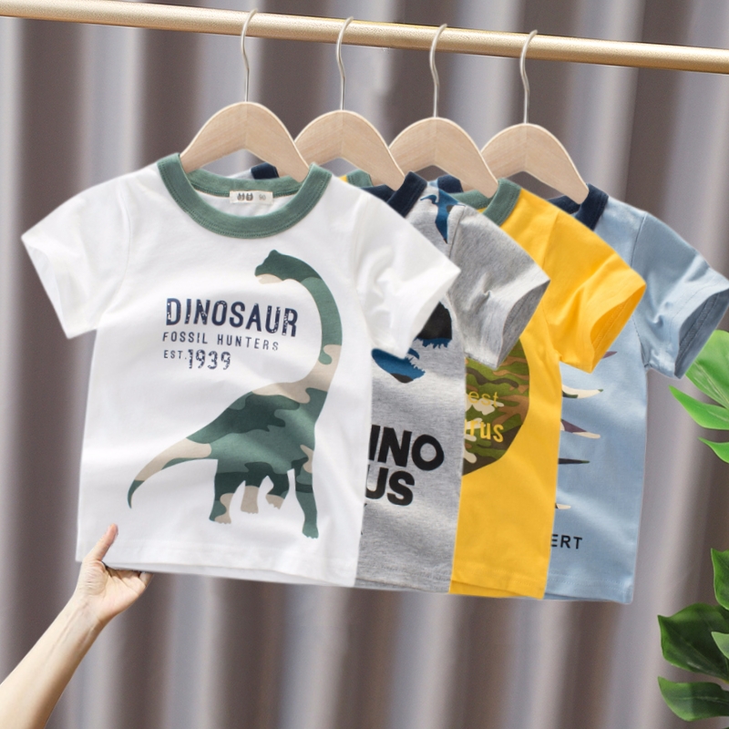 品牌外贸2024夏季新款韩版儿童卡通恐龙图案圆领纯棉短袖运动T恤