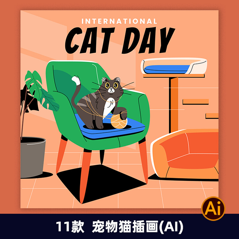手绘扁平卡通宠物可爱猫咪平面设计海报插画背景AI矢量模板2208