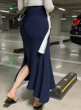 韩国东大门女装2020新款秋季高腰包臀裙后开叉不规则鱼尾半身裙女