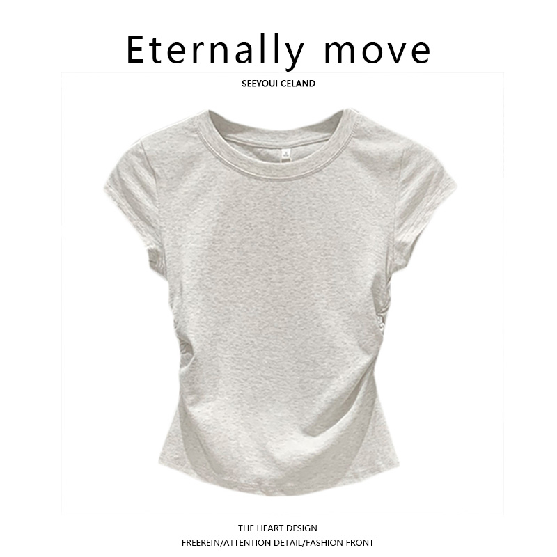 Eternally move欧美纯色t恤短袖夏季显瘦设计感短款卡腰百搭正肩