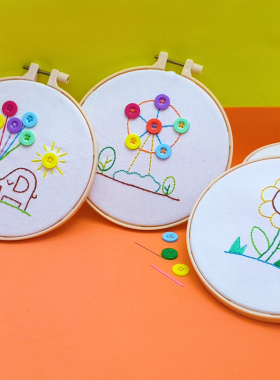 儿童刺绣手工diy材料包小学生简单幼儿园塑料针绣花卡通缝纽扣画