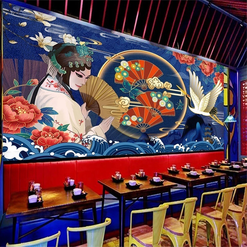 复古国潮风壁纸国风中国风元素创意京剧花旦壁画餐馆餐厅饭店墙纸