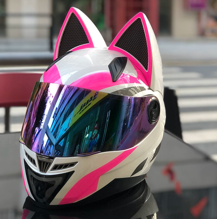摩托车头盔全盔男女士全覆式四季赛车机车个性酷3C安全犄角猫耳朵