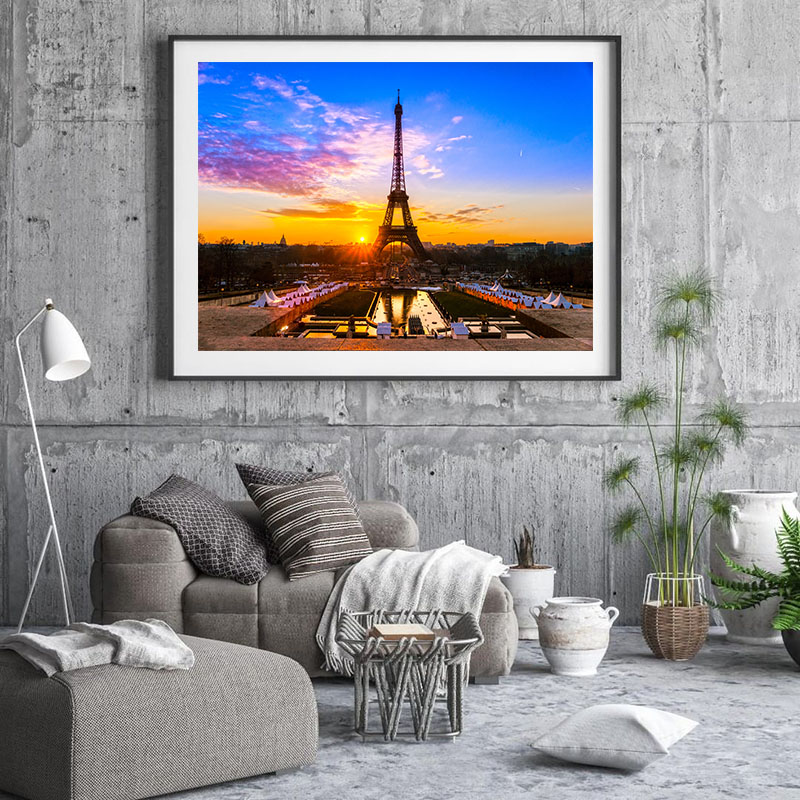 法国巴黎埃菲尔铁塔现代客厅装饰画沙发背景墙建筑风景三联墙壁画