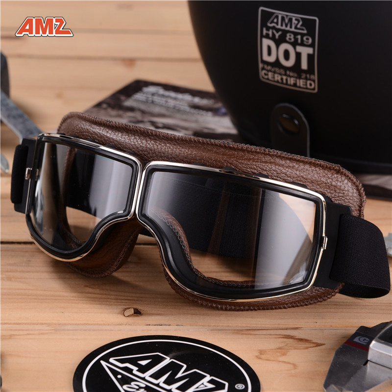 AMZ复古风镜摩托车头盔护目镜机车四分之三骑行防风镜遮阳半盔镜