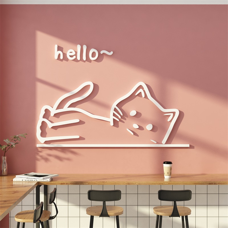 网红公仔奶茶店墙壁面装饰品摆件宠物猫咖玻璃门贴纸海报背景互动