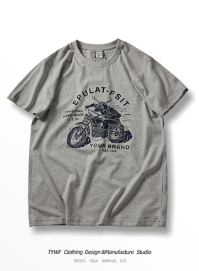 美式复古摩托机车印花体恤男士纯棉水洗做旧磨毛圆领短袖T恤衫潮