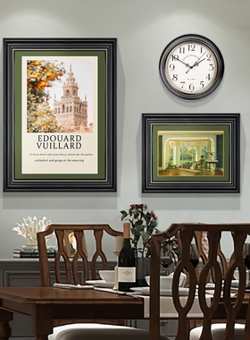 美式餐厅挂画带钟表复古欧式装饰画饭厅餐桌时钟卧室背景墙壁画