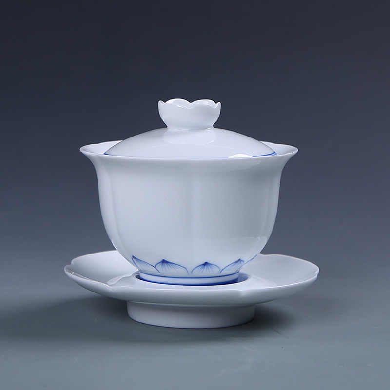 手绘莲花青花瓷盖碗茶杯手工复古白瓷功夫茶具泡茶碗三才大号茶碗