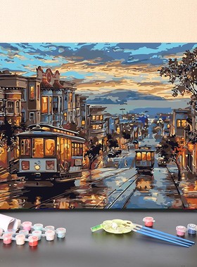 数字油画diy填充手工华灯璀璨城市填色手绘复古公交车油彩画画