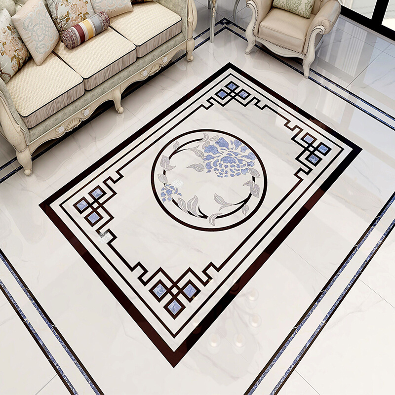 现代简约客厅拼花地砖800x800 新中式瓷砖仿水刀微晶石拼图地板砖
