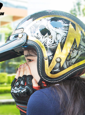 SOMAN复古摩托车半盔碳纤维3/4头盔带内镜男女通用DOT/CCC双认证