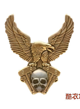 哈雷机车摩托徽章黄铜飞鹰骷髅发动机双缸摩托车金属纪念章帽徽