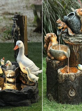 跨境新品 鸭子松鼠动物仿真流水田园庭院真实摆件太阳能装饰品