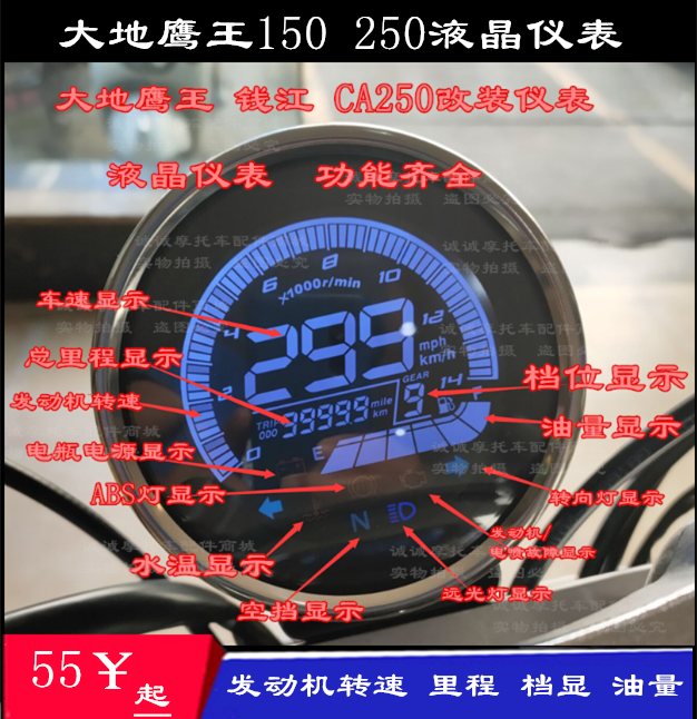 大地鹰王DD250E-9C嘉陵CA250风暴太子摩托车改装仪表总成液晶码表
