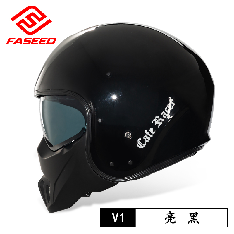 新品FASEED碳纤维复古头盔摩托车半盔哈雷机车鬼面男女全盔咖啡骑