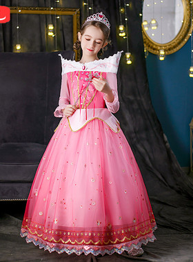 儿童爱洛公主裙新款长袖粉色睡美人卡通秋冬款长裙卡通人物连衣裙