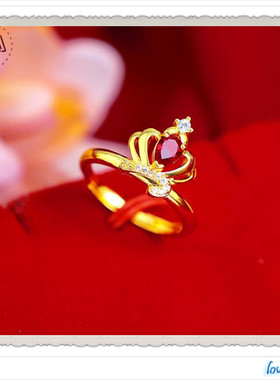 越南沙金戒指 镀24K黄金2020新款欧美女士微镶钻宝石皇冠开口指环