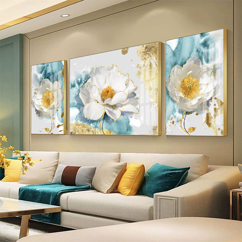 现代客厅简约装饰画沙发背景墙手绘抽象花卉三联图挂画向日葵壁画