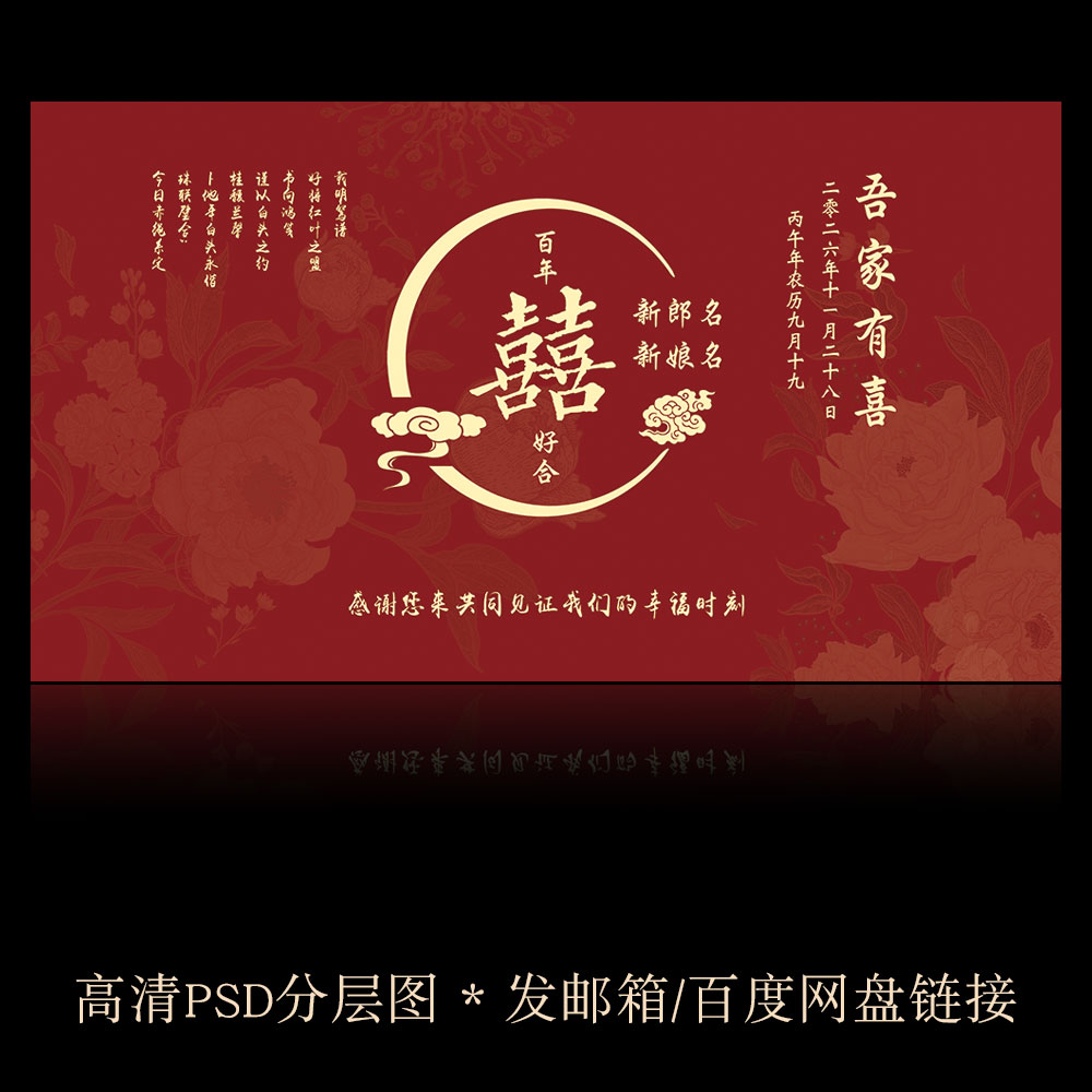 G22小预算中式婚礼背景图小红书网红婚庆订婚宴LED大屏幕布置PSD