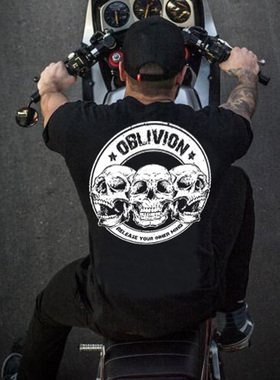 暗黑哈雷摩托机车摇滚金属乐队硬核铁拳骷髅头泰国潮牌短袖T恤男