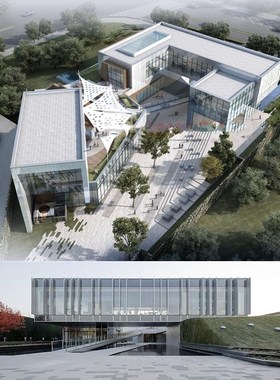 现代玻璃幕墙建筑大学生活动中心图书馆屋顶花园SU模型+效果图