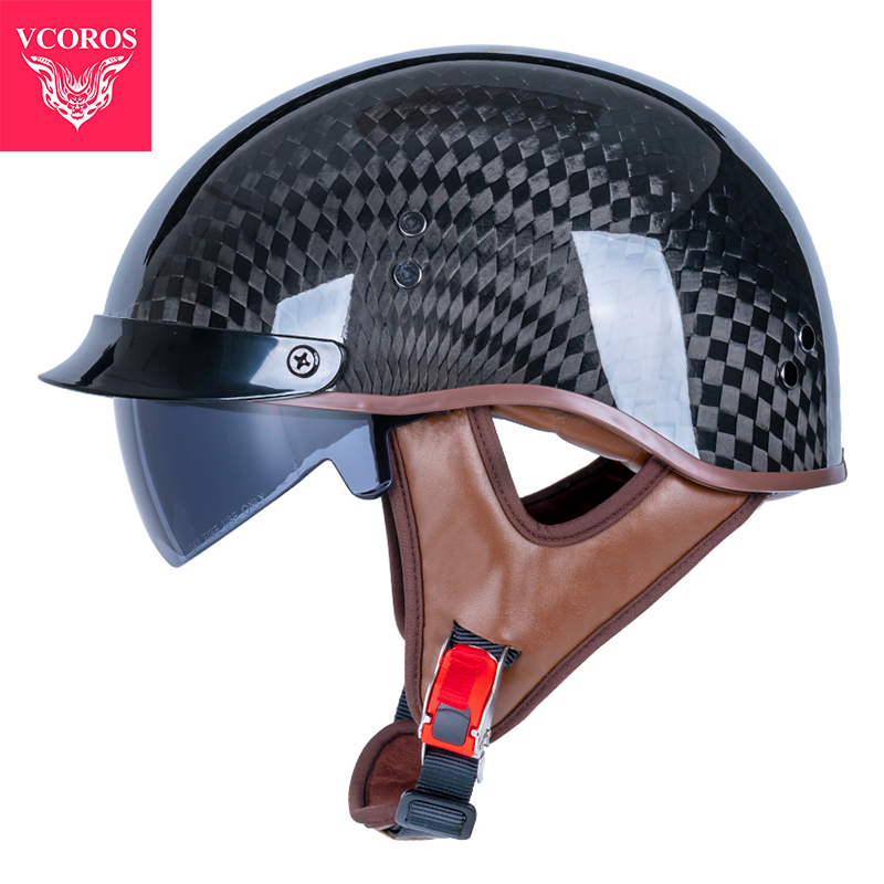 新款VCOROS复古半盔摩托车碳纤维头盔男女夏季个性机车哈雷瓢盔3c