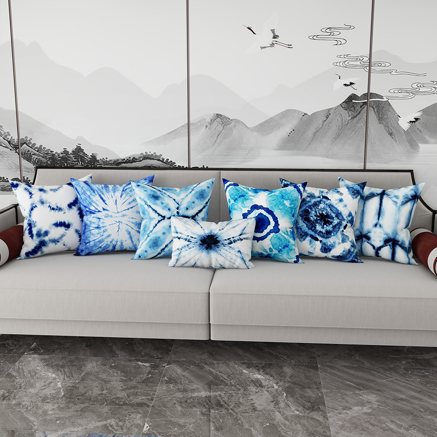 中式民族风蓝色系抱枕客厅沙发靠枕扎染图案装饰靠垫文艺抽象靠背